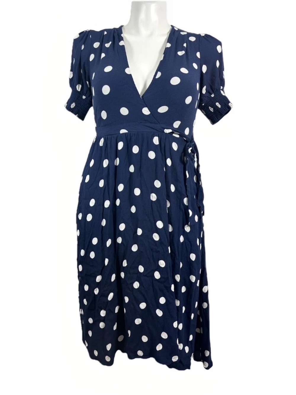 Maeve Navy Blue and White Polka Dot Midi Dress